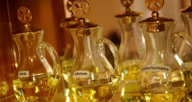 What is the Chrism Mass? Image of holy chrism oil after the Chrism Mass, an annual event on Holy Thursday