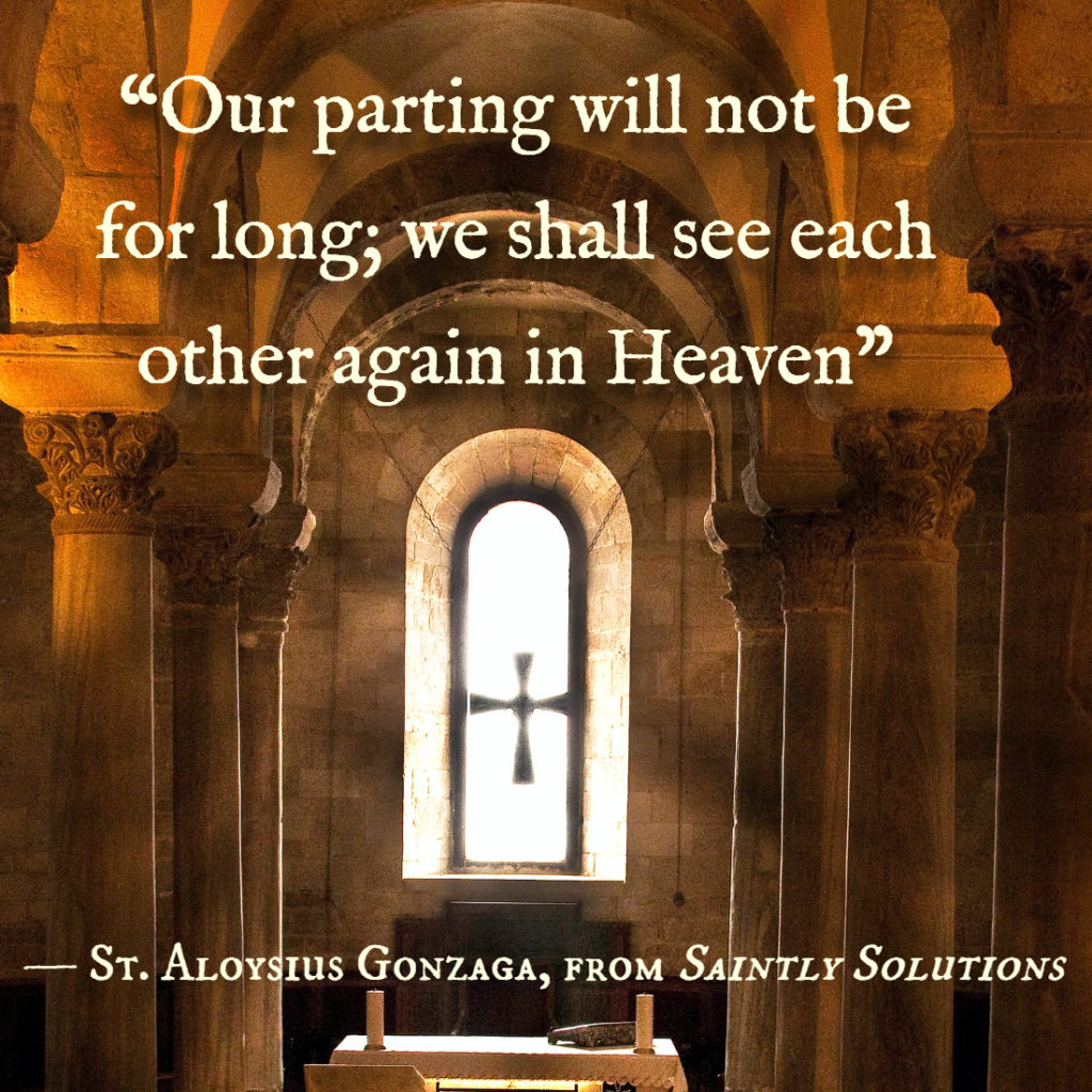 “Our parting will not be for long; we shall see each other again in Heaven”

quote from St. Aloysius Gonzaga in front of a sun-illuminated cross. "The Saints on Healing Through Grief | Catholic Exchange"